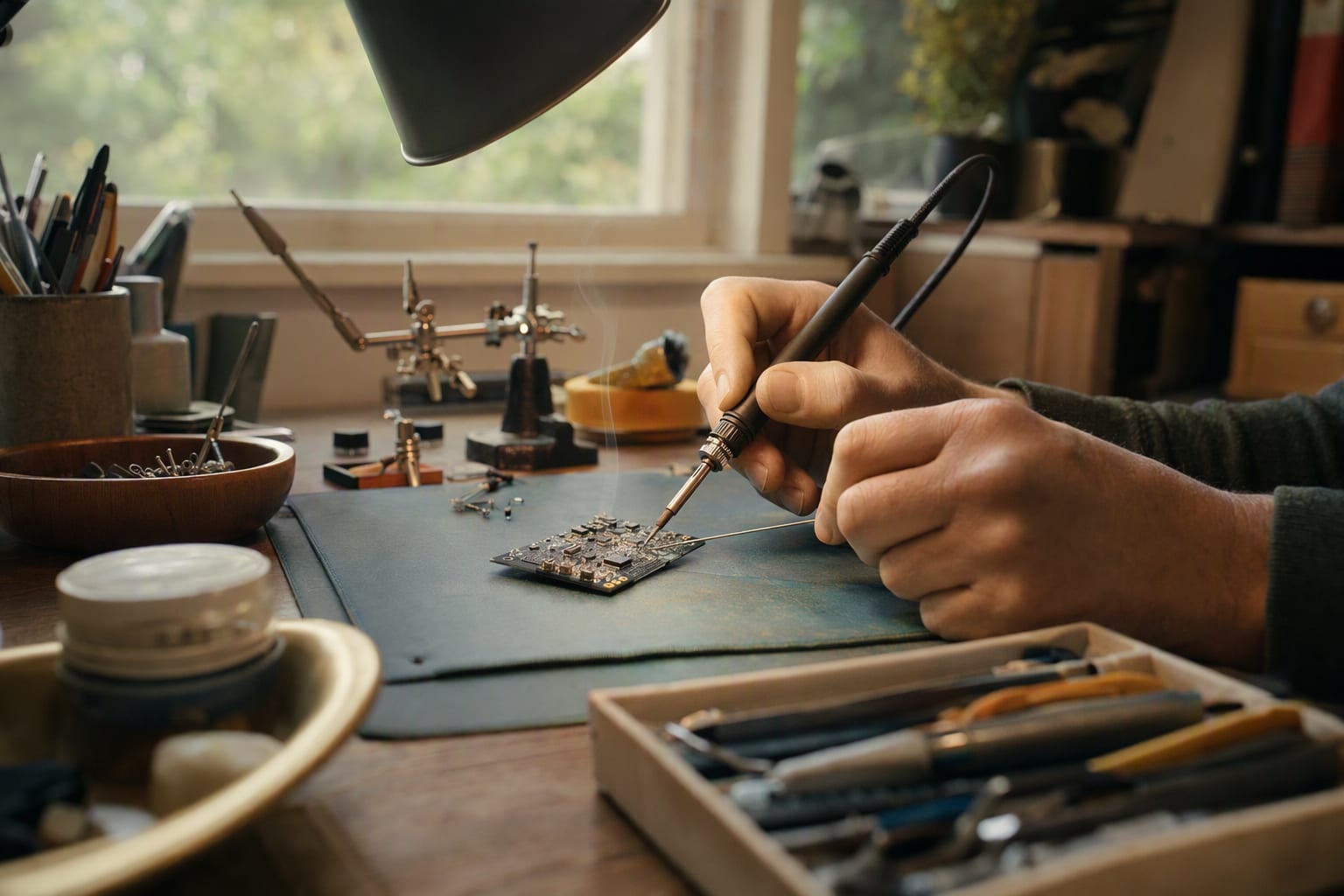 Hands carefully soldering a circuit board under a desk lamp
