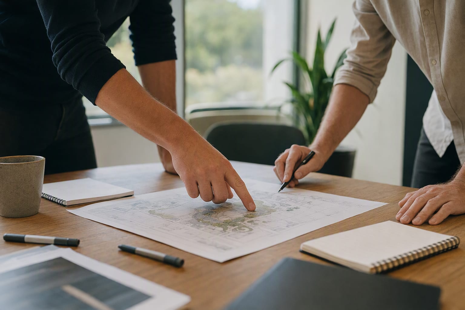 Two colleagues' hands over a shared printed diagram at a table