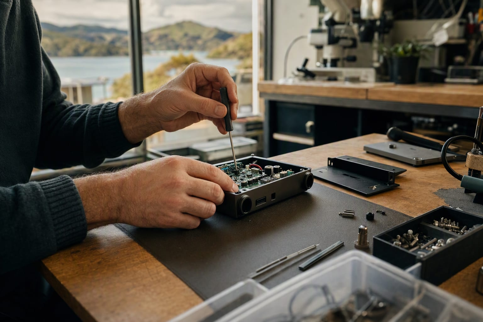 Hands assembling and testing a small electronic device on a workbench