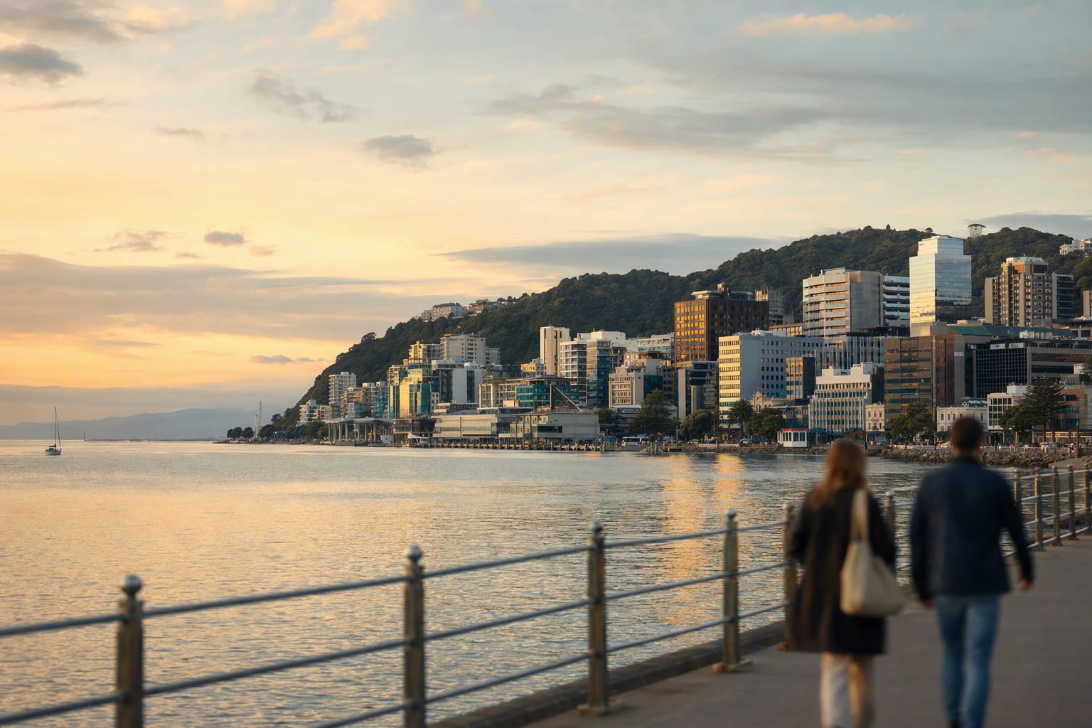 A New Zealand harbour city skyline at golden hour, seen from the waterfront