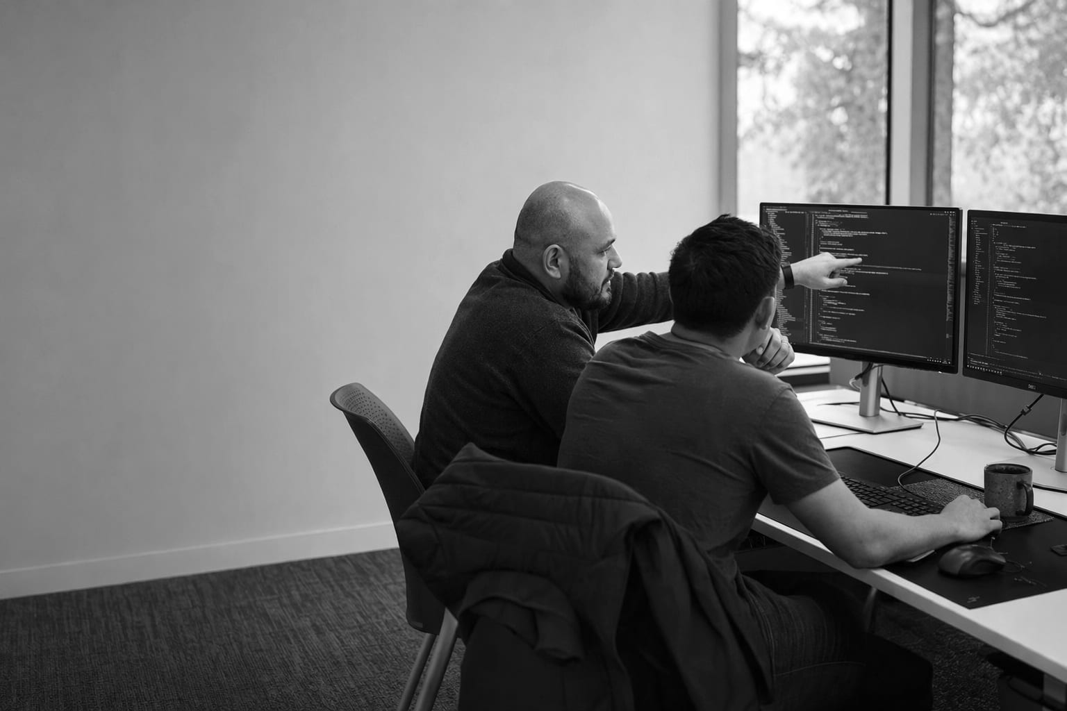 Two engineers pairing at screens in an office