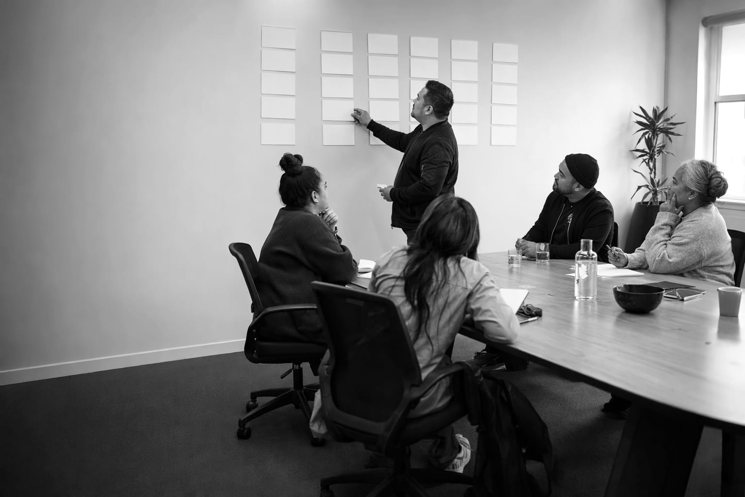 A leadership team working through a framework together in a workshop