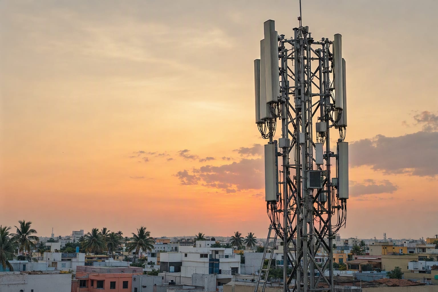 A cellular mast with panel antennas against a warm evening sky over a low-rise town
