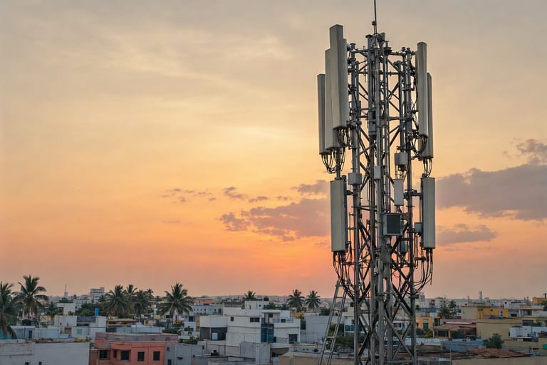 A cellular mast with panel antennas against a warm evening sky over a low-rise town