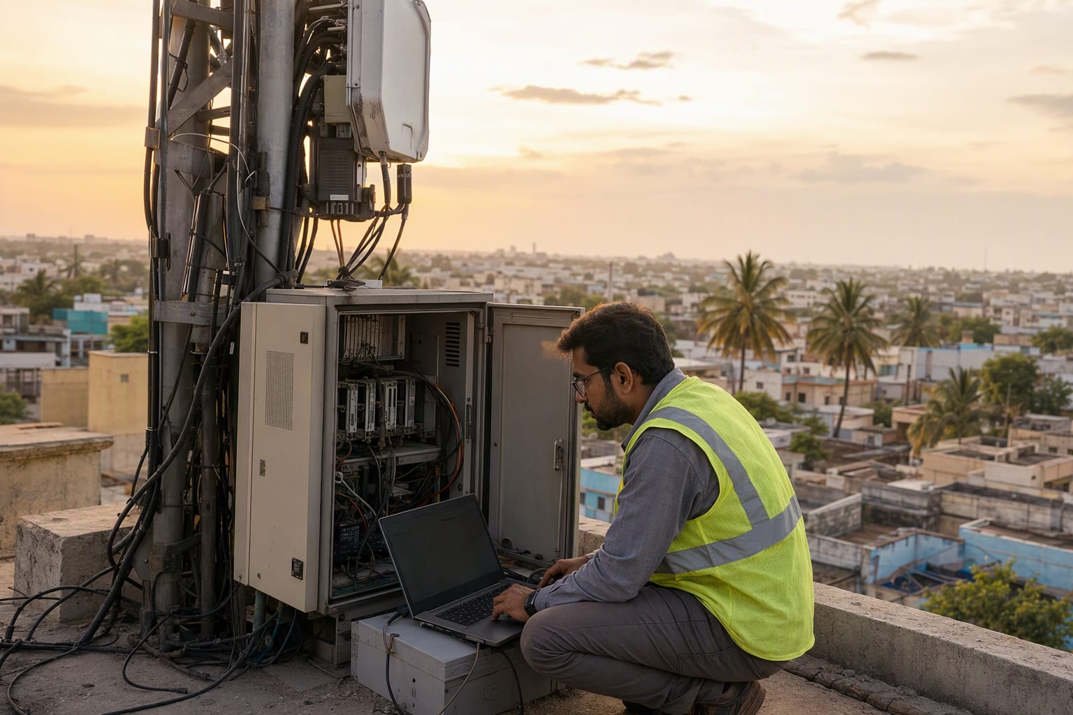 A field engineer works at an open equipment cabinet at the base of a mast with a laptop, a low-rise town with palm trees in the background at dusk