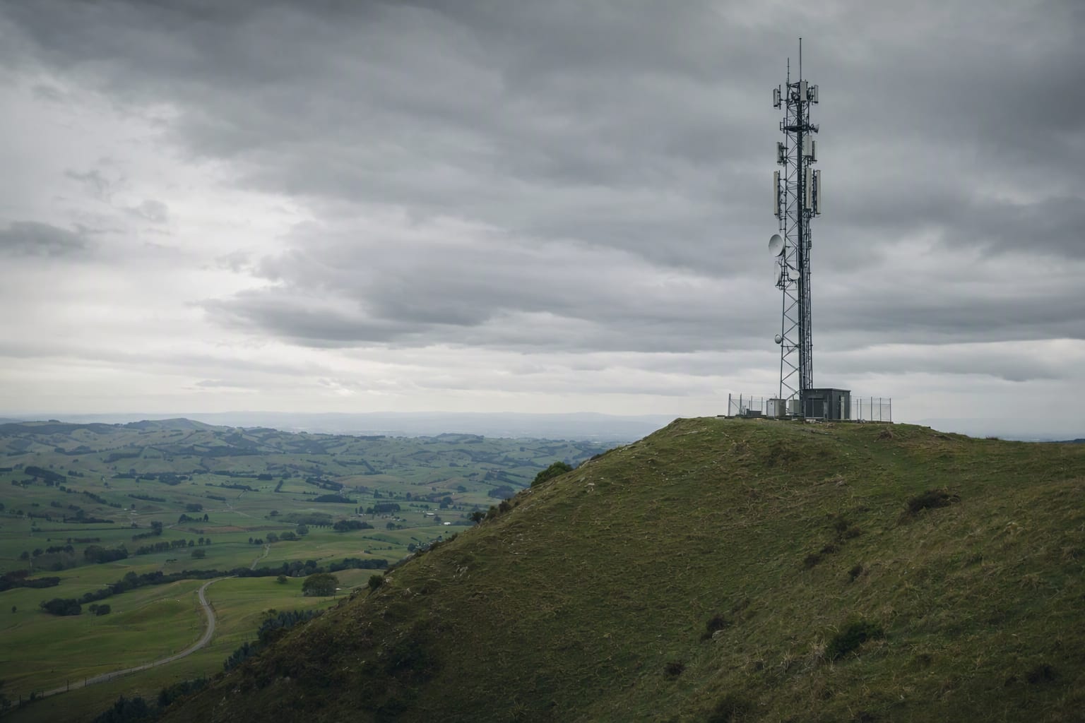 A cellular tower on a green hilltop under a moody grey sky, with farmland below
