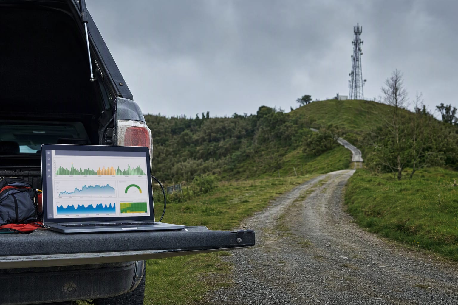 A laptop showing generic network signal charts on a vehicle tailgate on a gravel farm road, a cellular tower faint on a green hilltop behind under a grey sky