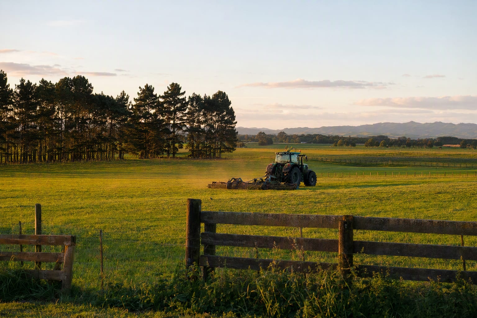 Farmland with fenced paddocks and a tractor working in the distance, low hills on the horizon