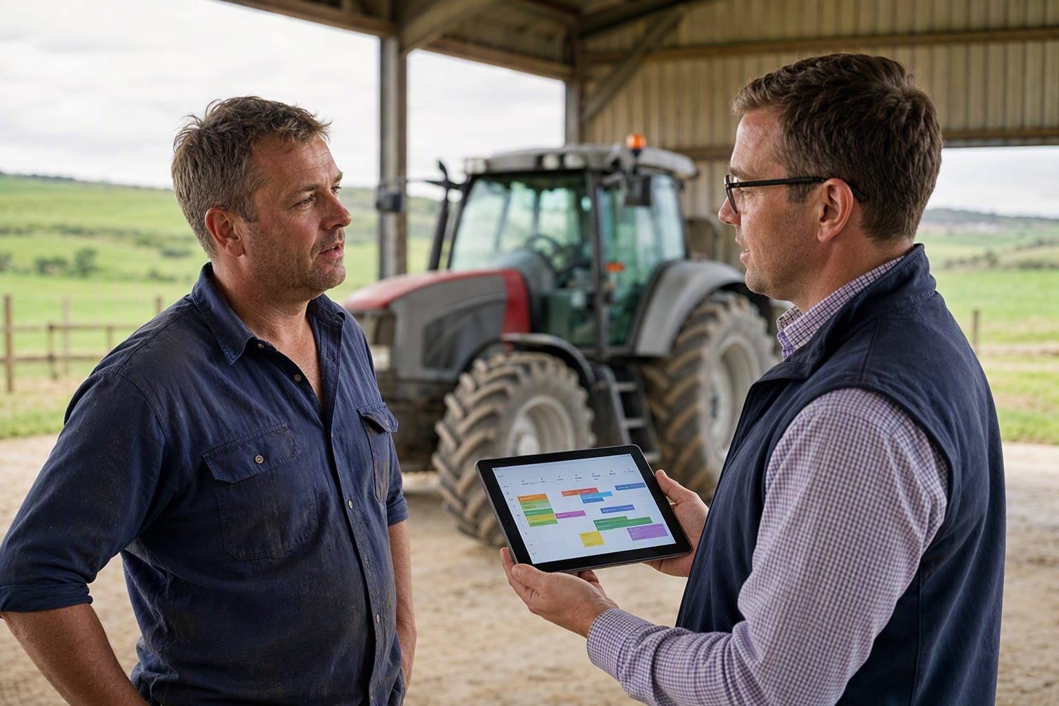 A farm manager and a consultant look over a tablet together beside farm machinery in a shed, generic scheduling graphics on the screen
