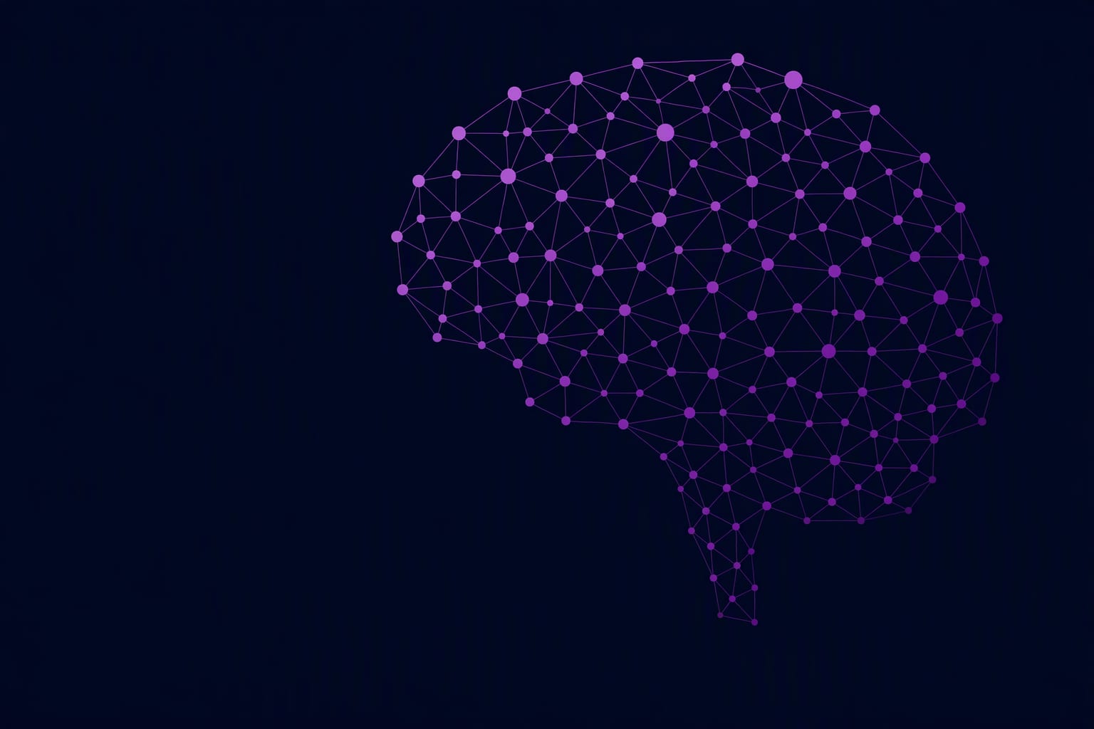 Nodes joined by fine links forming the shape of a human brain, in purples on deep navy