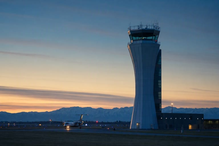 An air traffic control tower at blue hour, with mountains faint on the horizon