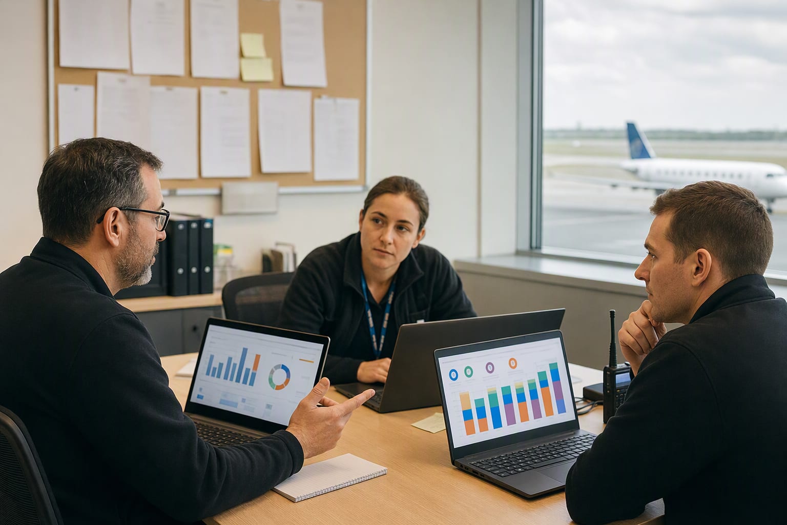 A small operations team works together at laptops showing generic information-system dashboards in an aviation office, an airfield visible through the window