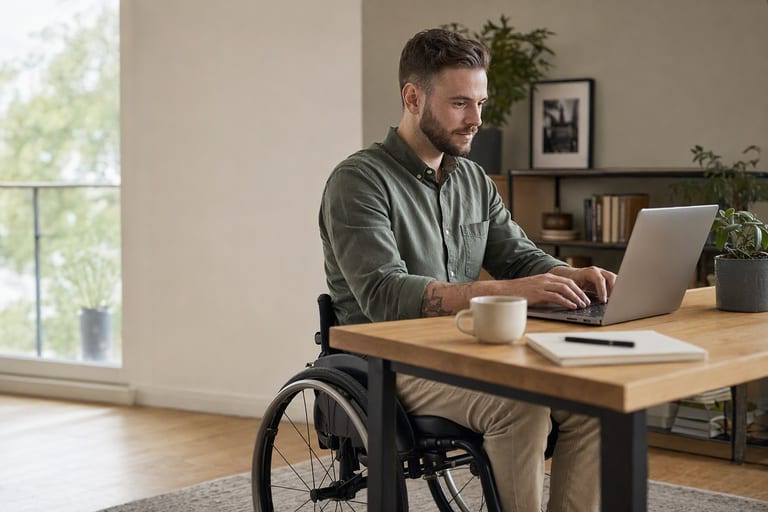 A person in a wheelchair working at a home office desk with a laptop in bright natural light