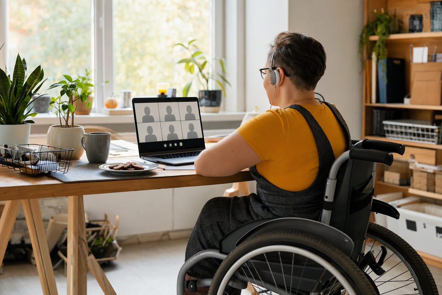 A small hybrid team on a video call, one person visible working at a laptop in a bright home office, generic dashboard graphics on screen