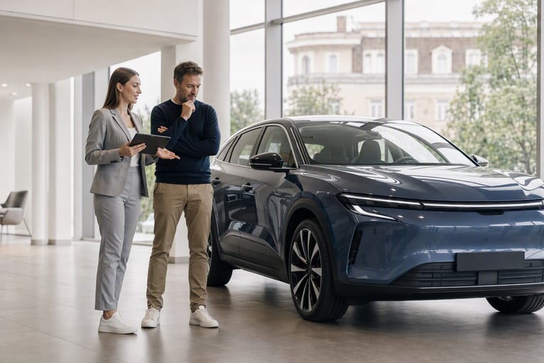 A modern electric SUV with no badges in a bright showroom, a salesperson showing a tablet to a customer