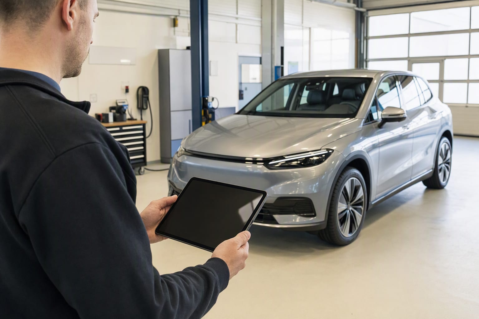 A person configures a generic dashboard on a tablet at a dealer service bay beside an unbadged electric vehicle