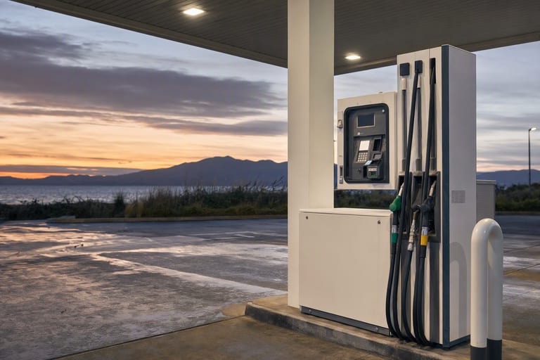 A modern fuel forecourt at dusk, an unbranded pump and card payment terminal in the foreground