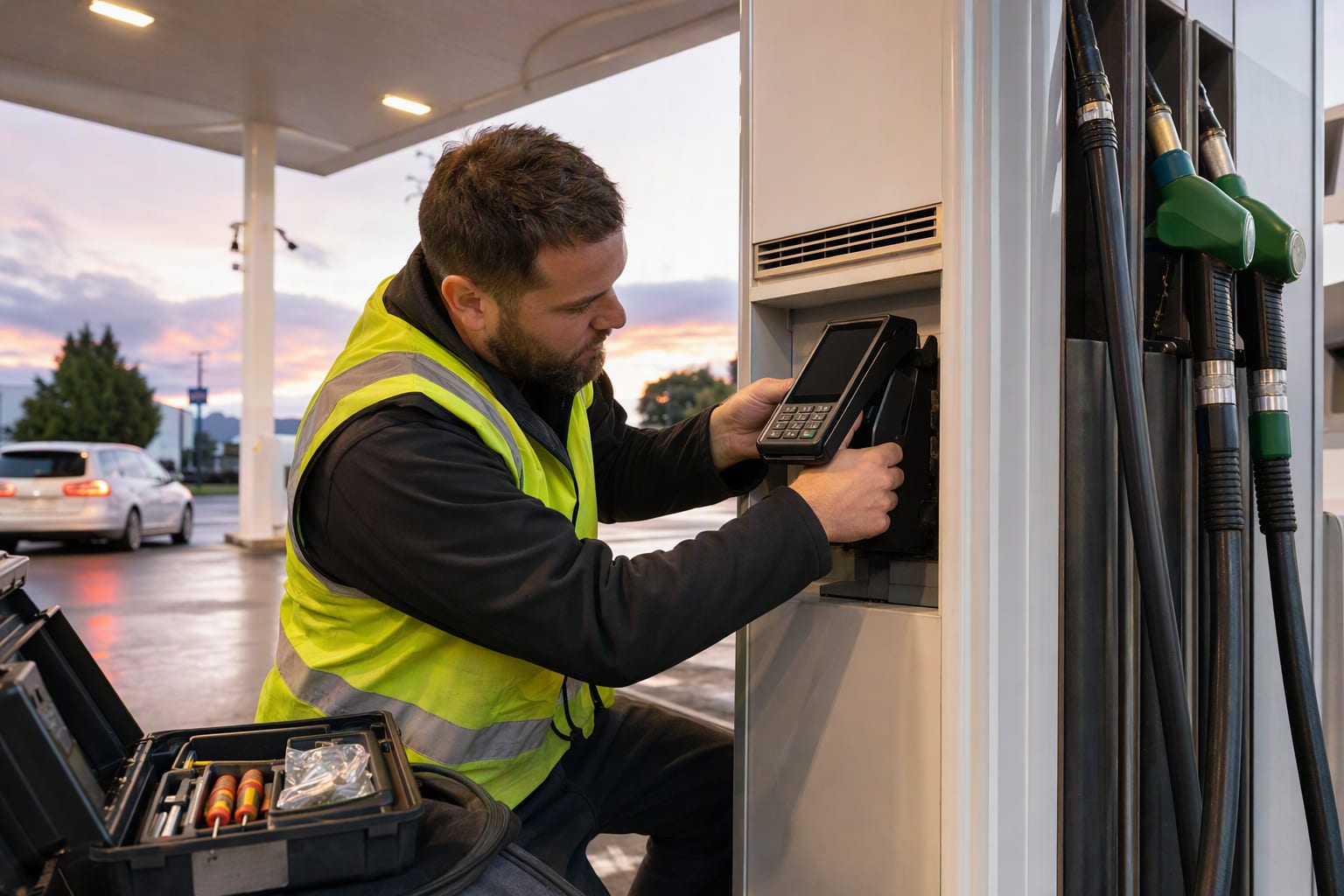 A technician in a hi-vis vest fits a new unbranded card payment terminal to a fuel pump under canopy lights at dusk