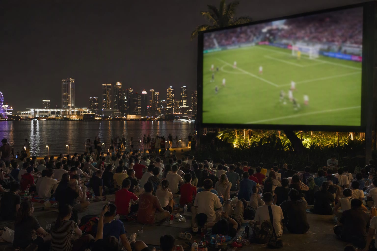 A crowd watches live football on a large outdoor screen beside a lit-up waterfront at night
