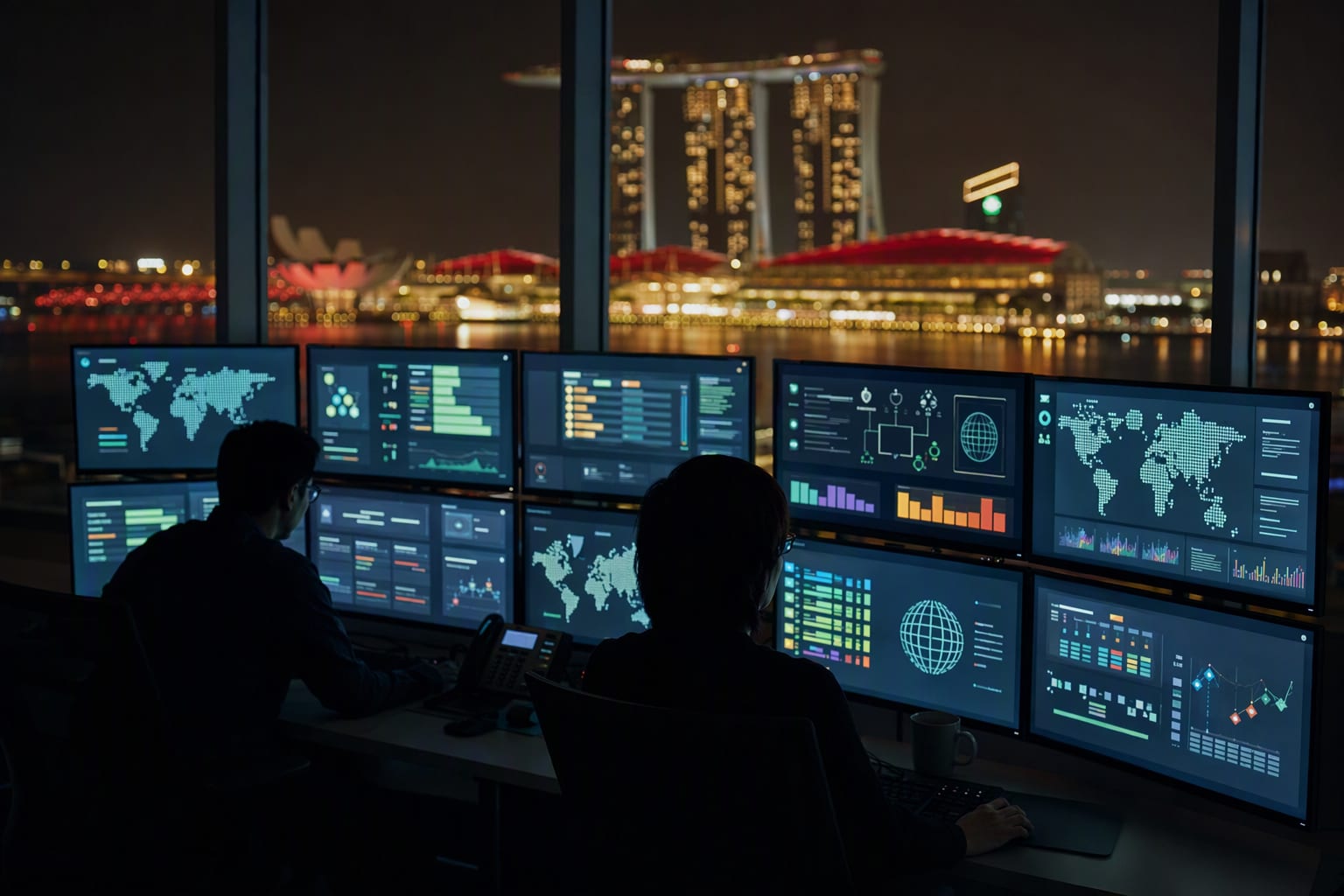 Two people review generic network dashboards at a bank of monitors in a night operations centre, a city waterfront glowing through the window behind them